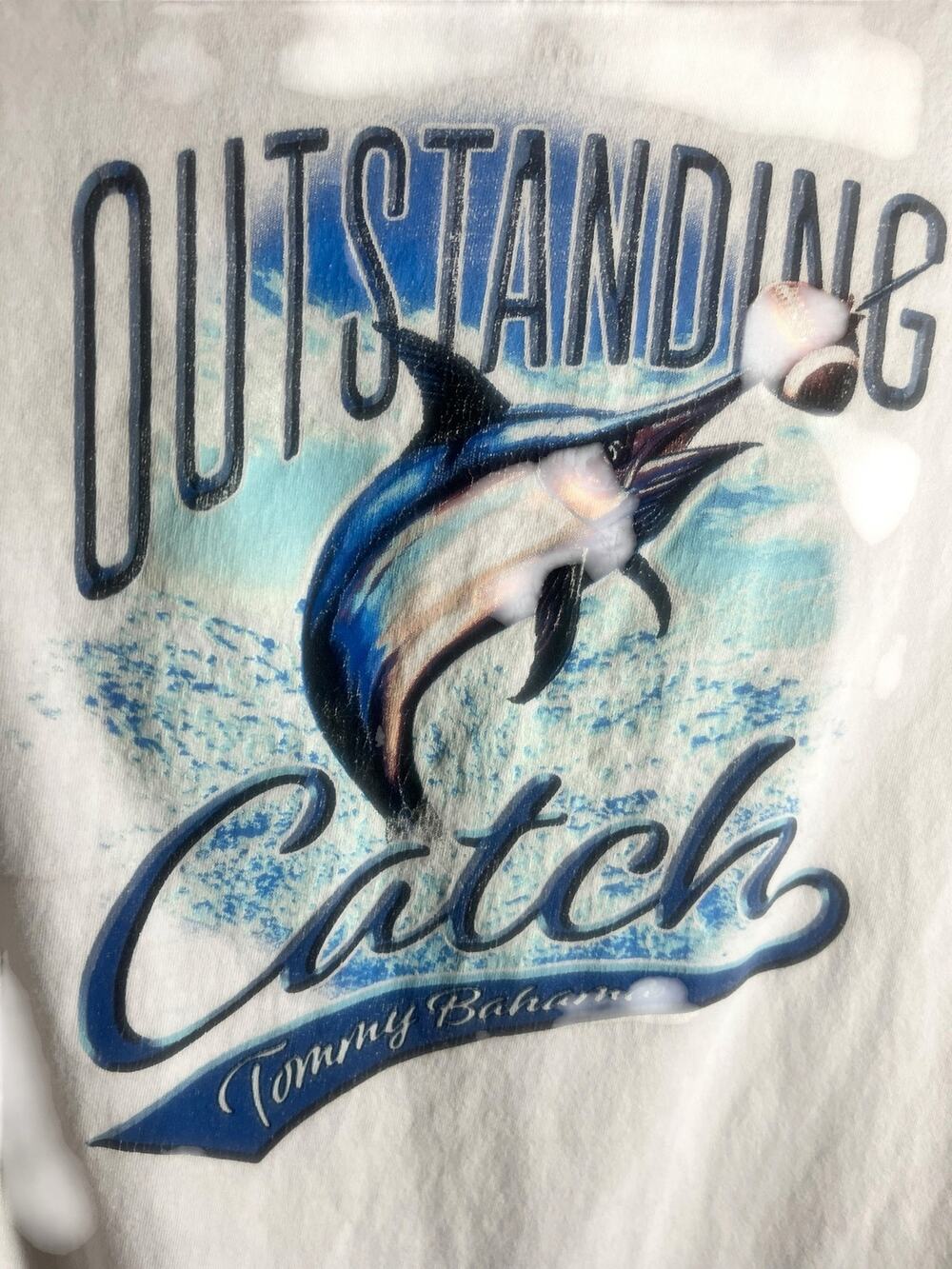 Men's Tommy Bahama Outstanding Catch Tshirt Blue and White Size Large Football